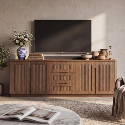 68" Modern Striped TV Stand for TVs Up to 75 Inches, Multifunctional Media Console with 3 Drawers, Charging Station, Cable Management & Large Storage Cabinet for Living Room or Kitchen, Walnut