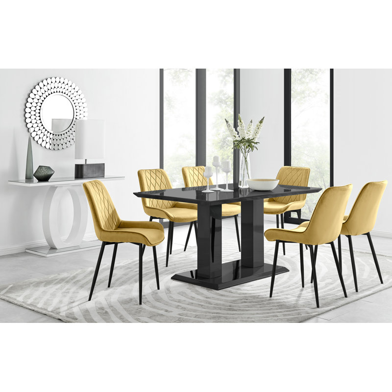 Edzard Double Pedestal High Gloss Dining Table Set with 6 Luxury Velvet Dining Chairs, Black, Yellow/Black