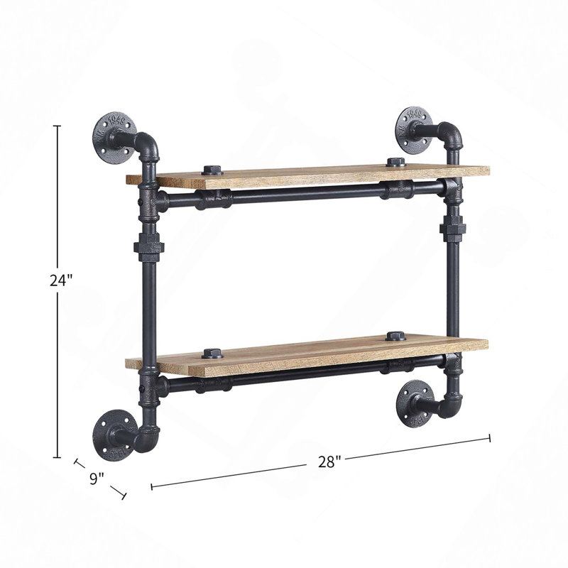 Tablettes flottantes modernes, tablette murale avec tube en métal, chêne et