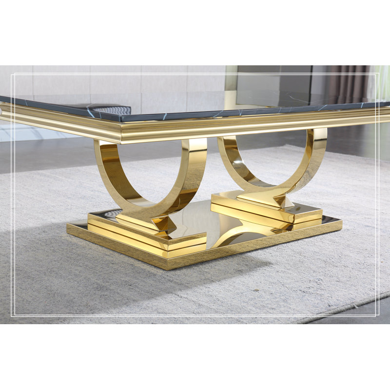 Modern Rectangular Black Marble Coffee Table with Gold Stainless Steel Base