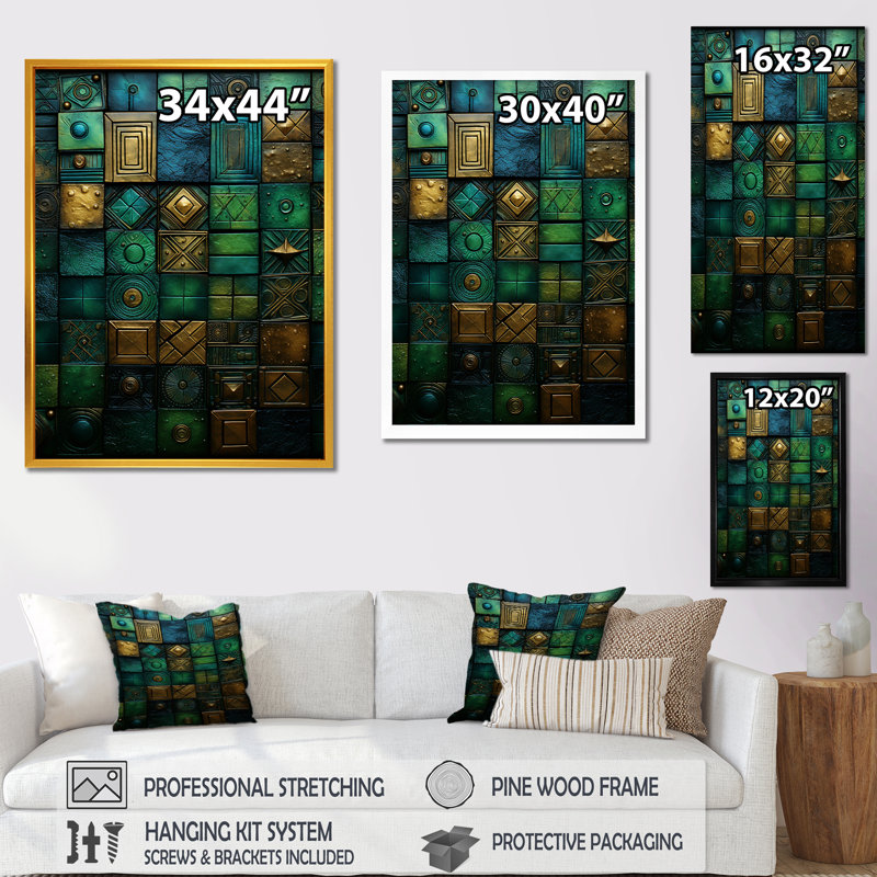 Carreaux de mosaïque vert Maya - art mural abstrait, Cadre photo noir, H 20 po x l 12 po x P 1 po