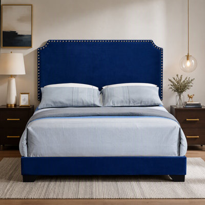 Blue Queen Panel Bed With Scooped Headboard
