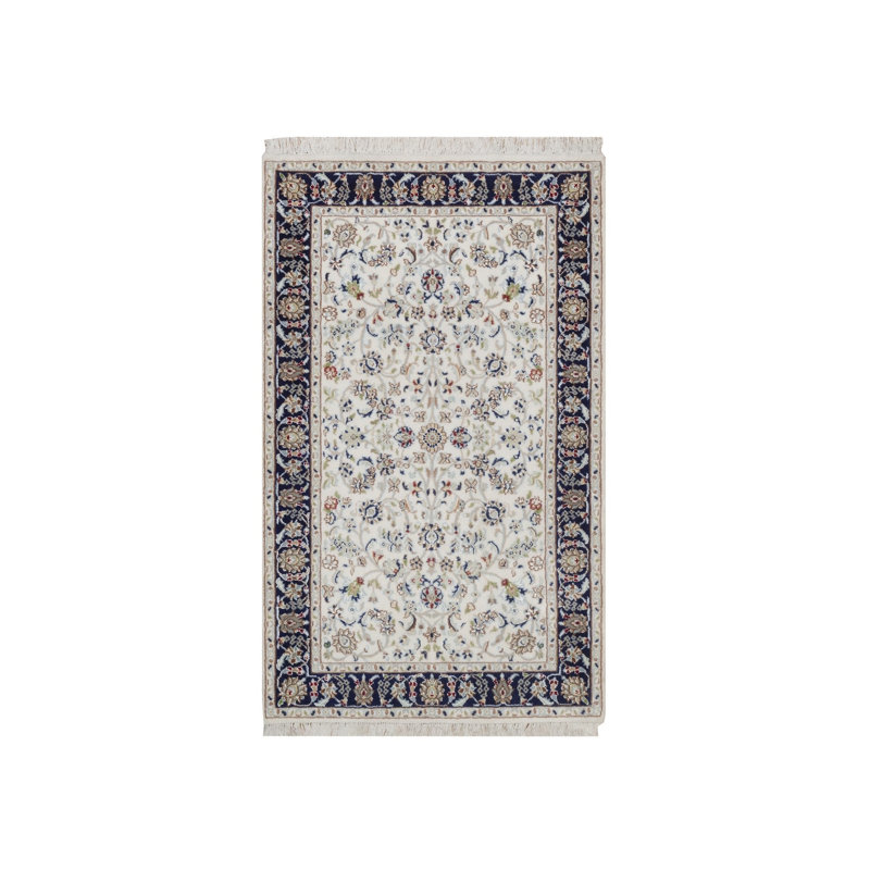Tapis oriental blanc perle 3 pi 1 po x 5 pi 2 po, noué à la main, en laine et en soie, 250 KPSI, à poils doux