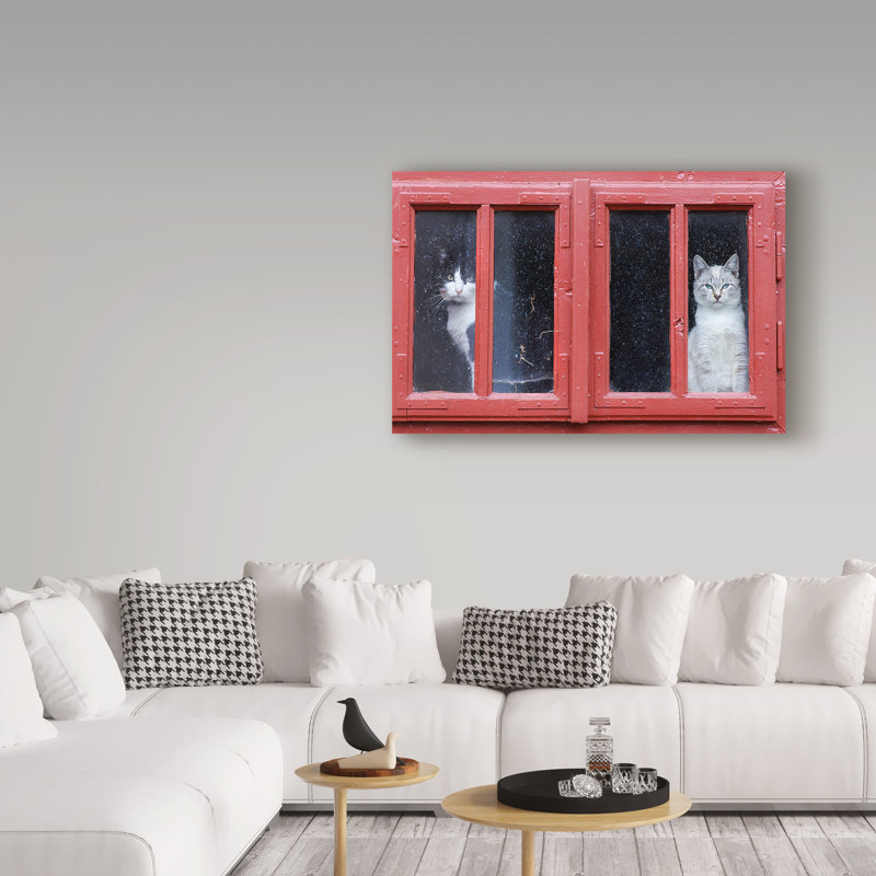 Red Framed Canvas Art with Cats in Window, 24" x 16"