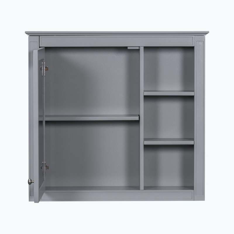Armoire de salle de bain murale 30 po x 28 po avec miroir, 3 tablettes ouvertes, Gris