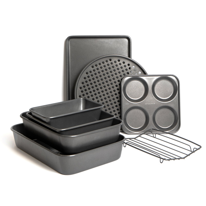 8 piece Bakeware Set, Roasting Pans and Rack, Trays, Loaf Tin, Yorkshire Pudding Pan, Pizza Crisper