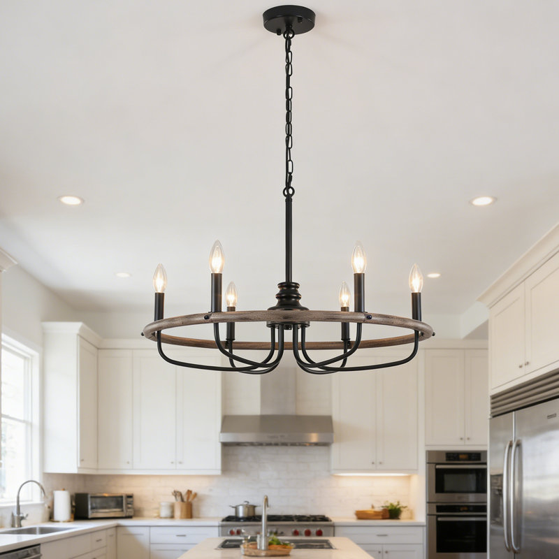 Lustre rond industriel en forme de bougie à 6 lumières, Brun / Noir, H 16,14 po x l 26,77 po x P 26,77 po