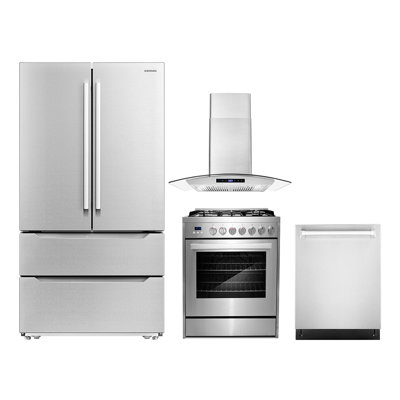 Cosmo 4 Piece Kitchen Appliance Package with French Door Refrigerator 30'' Gas Freestanding Built-In Wall Mount Range Hood