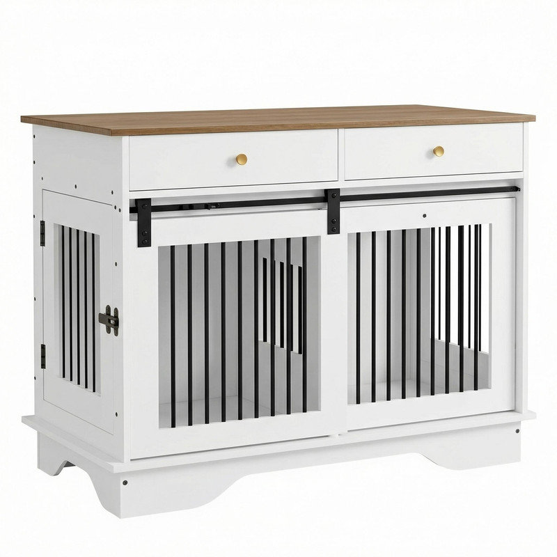 47 in Dog Furniture Crate, Large Furniture Style Dog Crate w/ 2 Storage Draws & Removable Divider & Triple Door Design for Large/Medium/Small Dogs