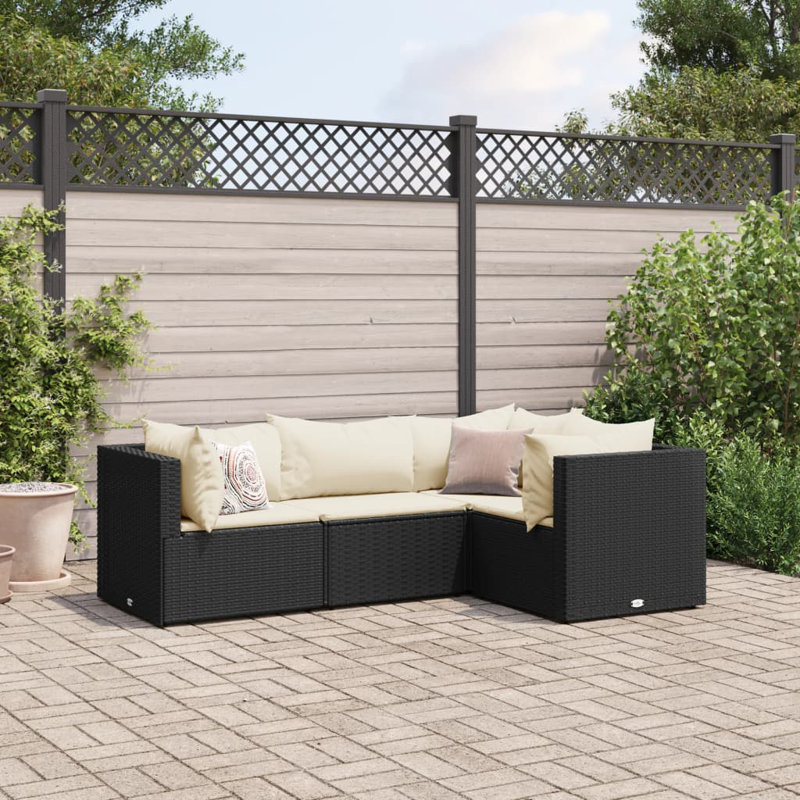 Latitude Run® Patio Lounge Set With Cushions Poly Rattan, Cream White, Black, 4
