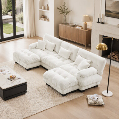 Canapé d'angle modulaire de luxe - Canapé nuage surdimensionné en forme de U pour salon, assise profonde avec 2 poufs, chenille blanche