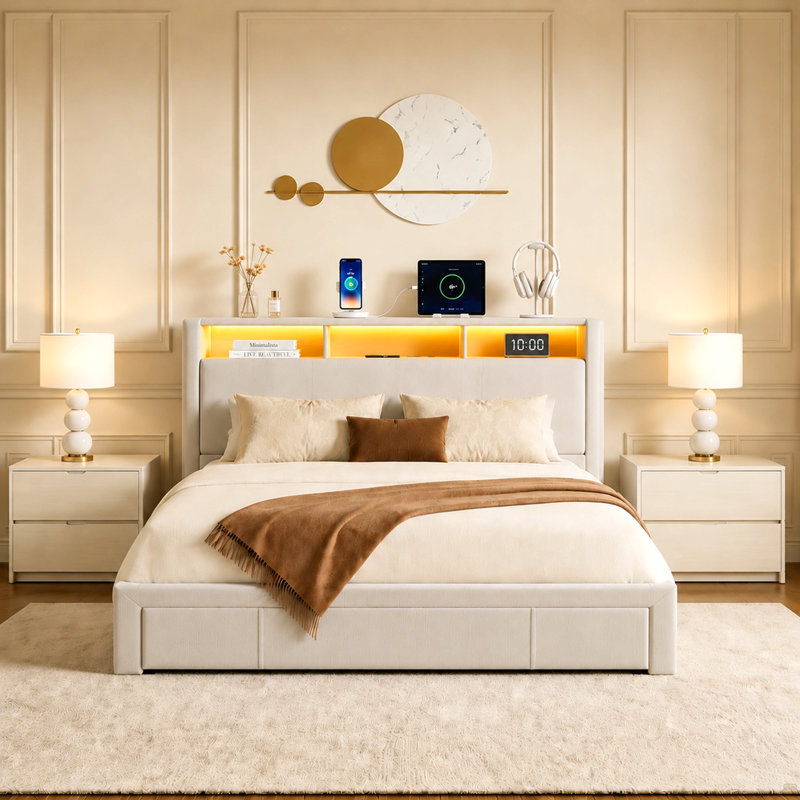 Lit double tapissier en velours vert citrouille, Vert