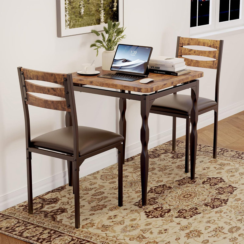 3 Piece Dining Table Set, Dining Table And Chairs Set Of 2 With Spiral Legs, Brown, Brown