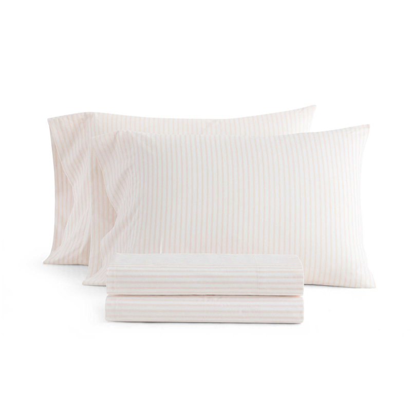 Martha Stewart Cotton Percale  Sheet Set, King Sheet Set with 2 Pillowcases, Ticking Stripe Pink