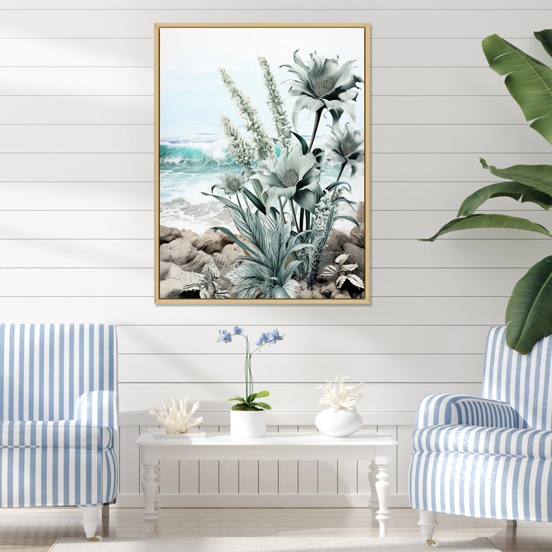 Plage bord de mer Flora I - Art mural nautique et plage, salon, H 40 po x l 30 po x P 1,5 po, Cadre flottant brun