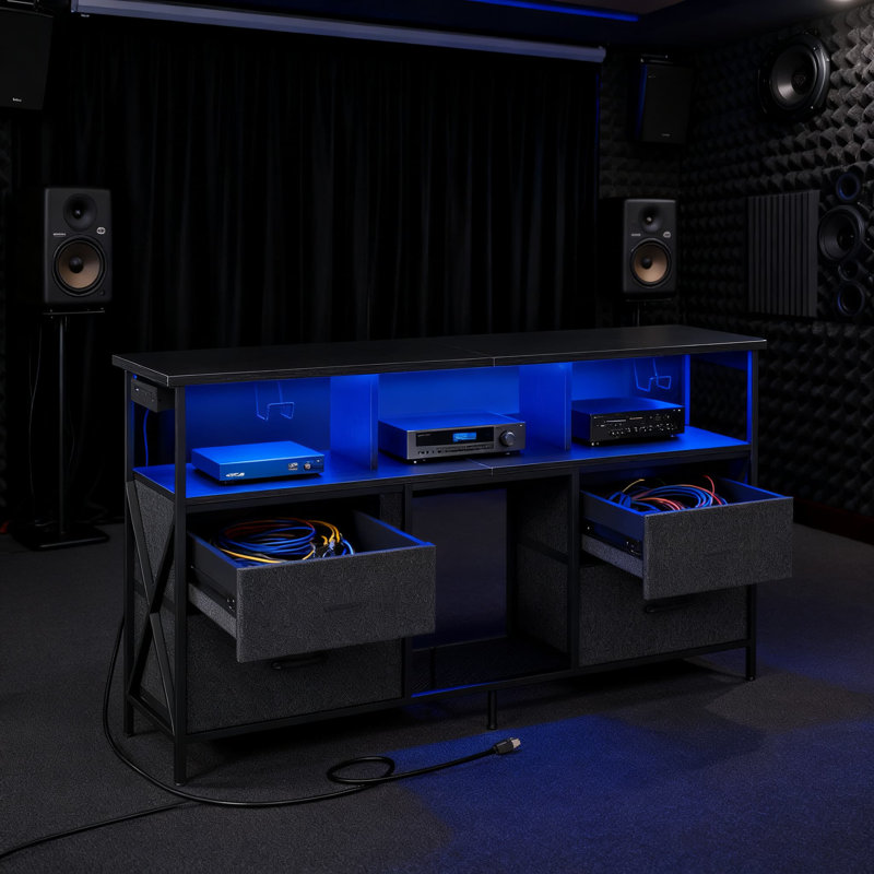 Meuble télé de jeu avec prises de courant et lumières DEL, console multimédia avec tiroirs et tablettes pour téléviseur de 60 po, conception robuste pour le salon