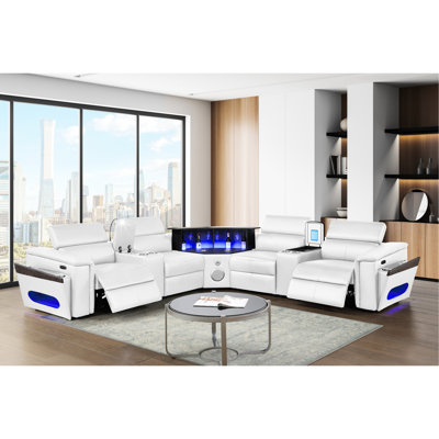 Canapé modulaire blanc moderne avec 2 consoles de lecture et réfrigérateur, 4 sièges, électrique, appuis-tête réglables, tapis de recharge sans fil, ports, système audio, barre de levage à DEL avec éclairage, rangement en forme de L de 4 po