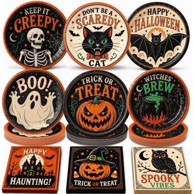 Service de table d'Halloween vintage (60 pièces), comprenant des assiettes plates de 23 cm, pour 30 personnes. Parfait décor pour une fête d'anniversaire ou d'Halloween.