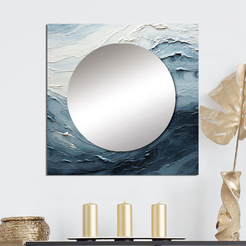 Karrington - Minimalisme noir et bleu peinture vague II bord de mer grand miroir mural carré pour chambre à coucher