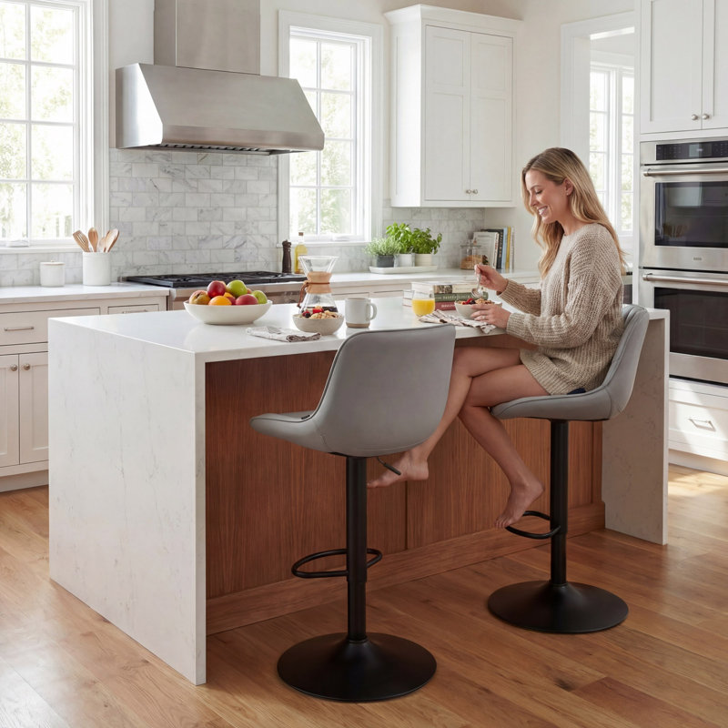 Modern Height Adjustable Swivel Bar Stools Upholstered Leather Barstool Kitchen Island Chairs with Metal Frame, Gray