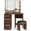 Bureau de meuble-lavabo avec miroir et lumières - meuble-lavabo avec 3 options d'éclairage, luminosité réglable, ensemble de meuble-lavabo avec 5 tiroirs coulissants, tablettes et tabouret-217447309