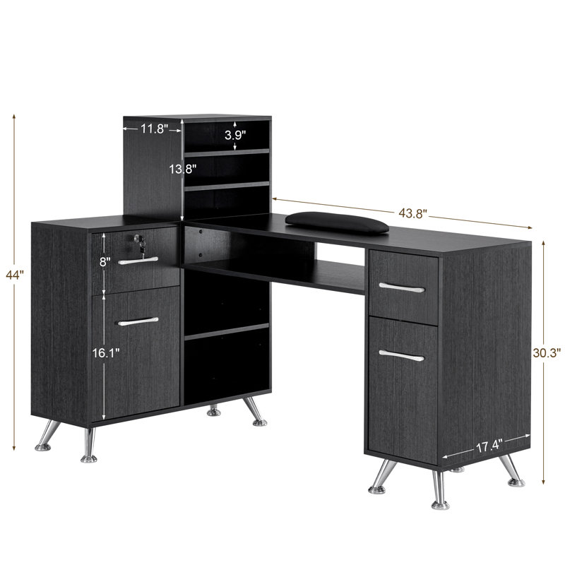 BarberPub L-Shape Nail Desk with Multiple Drawer and Storage Cabinet, Black/Silver