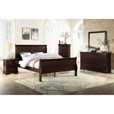 Louis Phillipe Brown Cherry Finish Queen Size Panel Sleigh Bed Solid Wood Wooden Bedroom Furniture