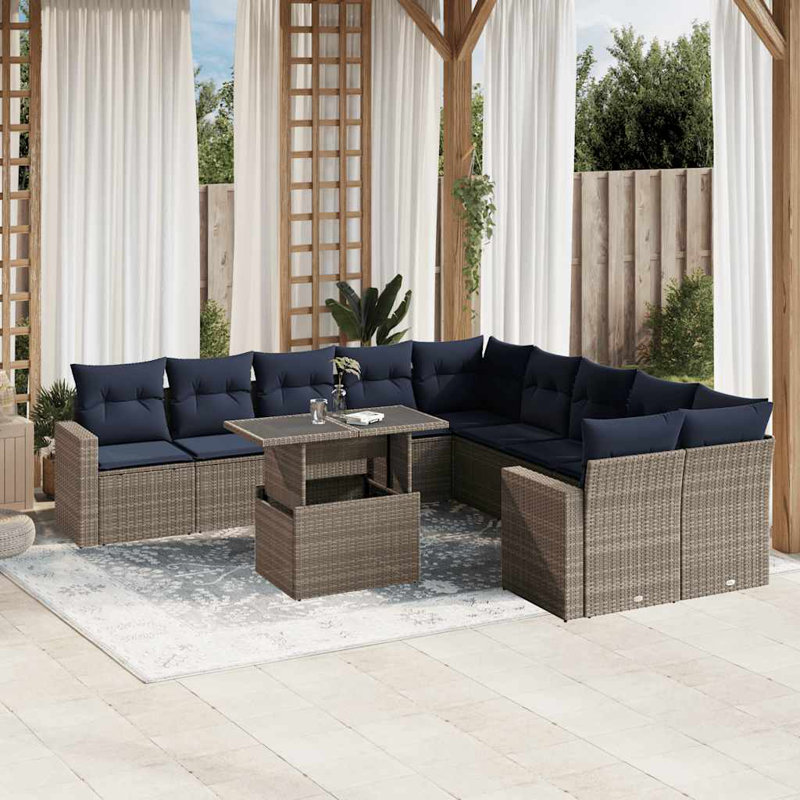 Ensemble de canapé de patio 11 pièces avec coussins en rotin de polyester, Gris, Marine