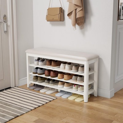 3-Tier Adjustable Shoe Bench With Leather Cushion — Walnut-Finish Entryway Storage Stool For Hallways & Mudrooms