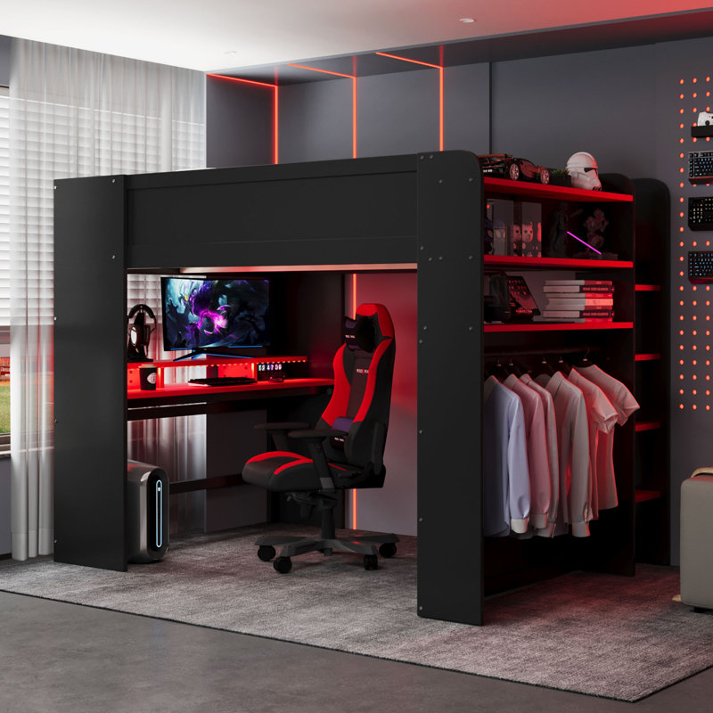  Lit mezzanine double avec bureau réglable, rangement pour garde-robe et éclairage RVB, rouge, Rouge