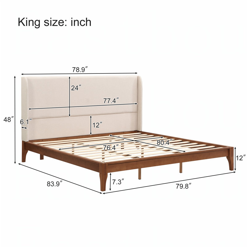 Base de lit plateforme en bois de bambou massif avec tête de lit, Très grand, Beige