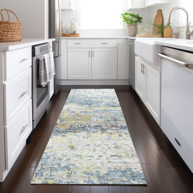 Talia Blue Washable Indoor-Outdoor Rug - , 2'3" x 7'6"