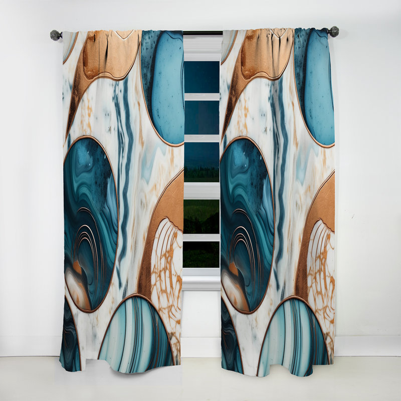 Gian - Blue Gold Half Circle Marble Abstract II - Abstract Marble Curtain - Velvet Room Darkening - 1 panel, 52" W x 108" L