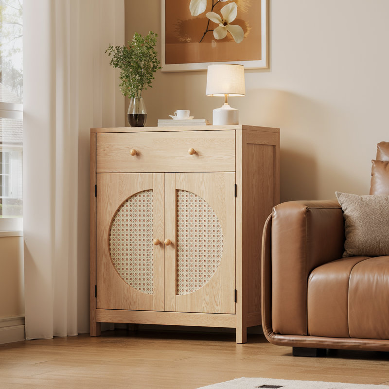 Buffet en rotin, 26 po avec tablettes de rangement réglables et tiroir pour la salle à manger ou le salon, chêne naturel