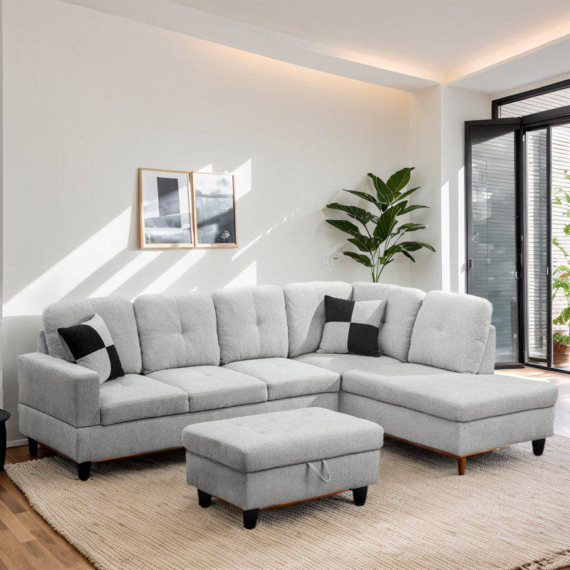 Canapé modulaire avec repose-pieds 103,5 po Tatiauna, Accoudoir à droite (vu de face), Velours blanc cassé