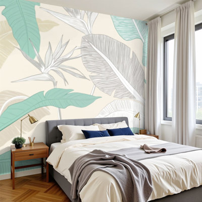 Papier peint adhésif pelez et collez sans soudure à la main abstrait tropical été palmier banane H 69 po x l 96 po Papier mural amovible en PVC auto-adhésif pour chambre à coucher, bureau à domicile
