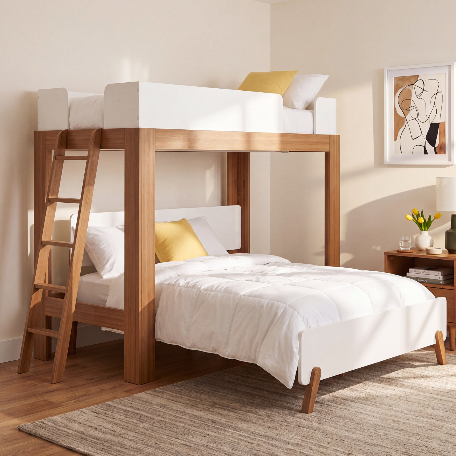 Ambur L-Shaped Bunk Bed, Twin over Queen, White/Brown