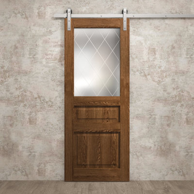 Porte de grange moderne 28 x 80 pouces Ego 5011 Chêne cognac Rail de 6,6 pi, quincaillerie robuste, panneaux pleins, portes intérieures