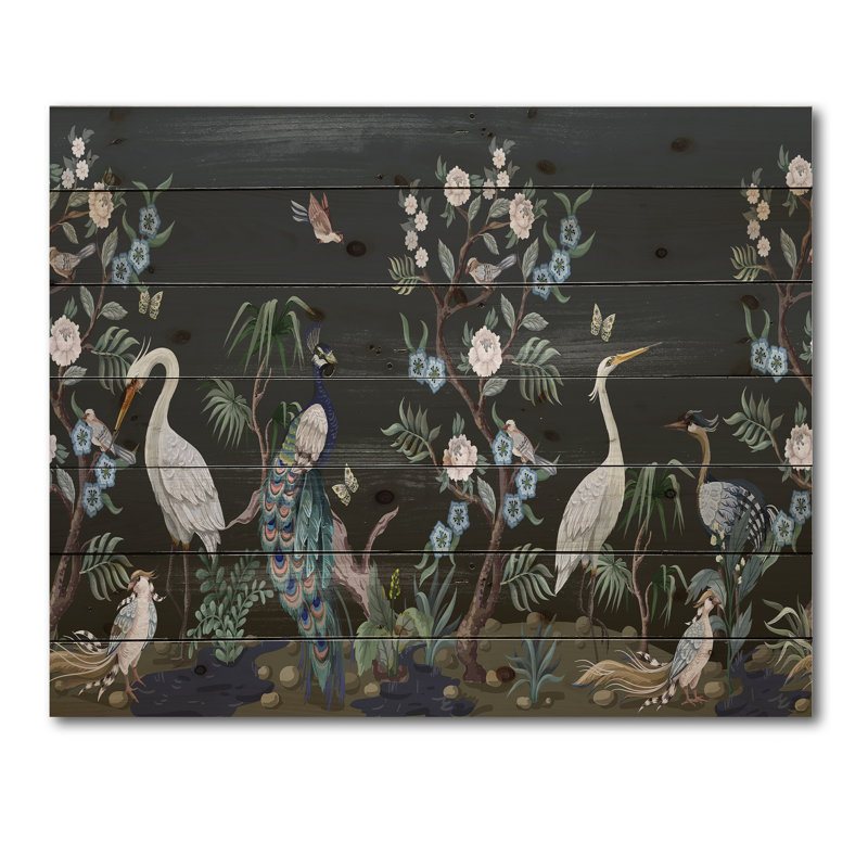 Chinoiserie avec oiseaux et pivoines IV - Impression traditionnelle sur bois de pin naturel, H 25 po x l 35 po x P 0,78 po