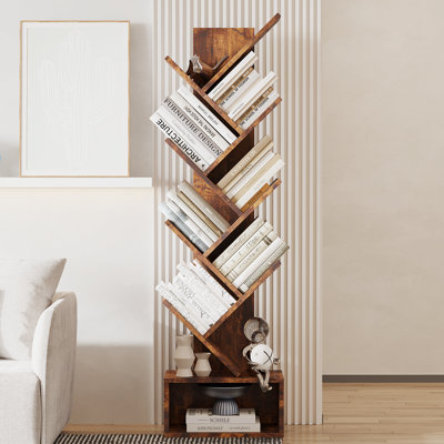 Rustic Brown Tree-Shaped Bookshelf, 9-Tier Freestanding Wooden Book Organizer with Storage Base for Living Room