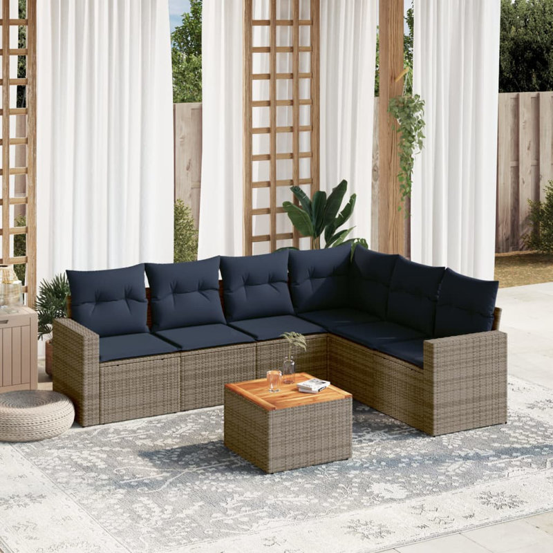Ensemble de canapé de patio 7 pièces avec coussins en rotin de polyester, Gris, Marine