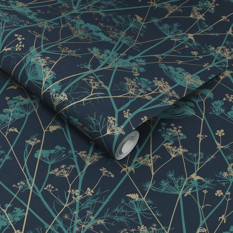 Floral Metallic Wallpaper Roll, Kingfisher/Gold