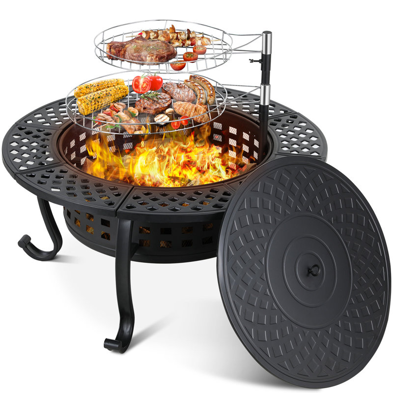 37 Inch Outdoor Fire Pit, 3 in 1 Large Wood Burning Fire Pit, Metal Round Fire Pit Table with Spark Screen Lid, Charcoal Grate & Fire Poker, Heavy Duty Steel Firepit for Patio Backyard Garden BBQ Camping Bonfire