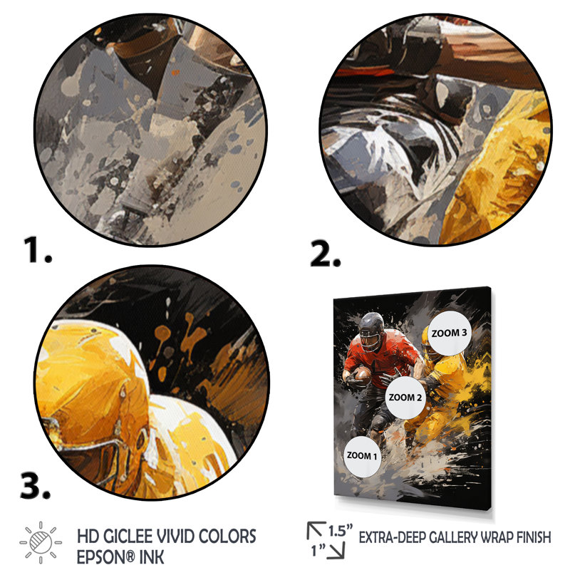 «Yellow Football Dynamic Plays I» - décoration murale sport, H 40 po x l 30 po x P 1,5 po, Cadre flottant doré