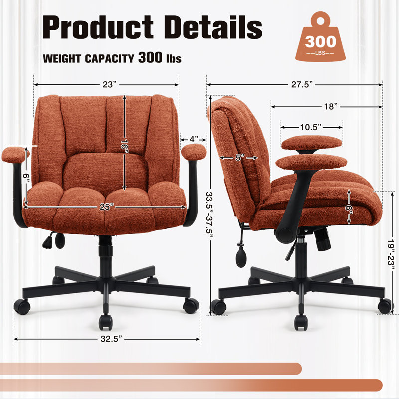 Chaise de bureau Criss Cross avec dossier réglable, roues pivotantes et accoudoirs réglables, Orange