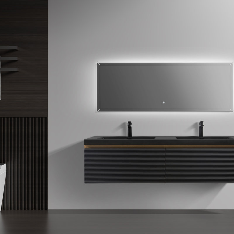 Meuble-lavabo mural flottant de 60 po avec lavabo à sable en quartz noir mat, rangement surdimensionné et meuble-lavabo minimaliste