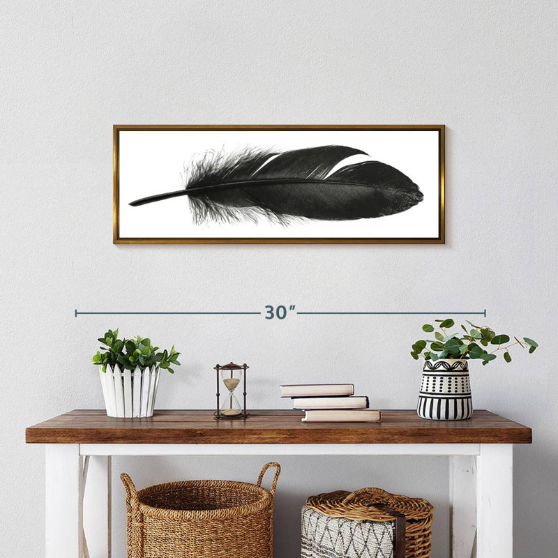 Plume foncée, 25 po x 9 po, Cadre flottant doré
