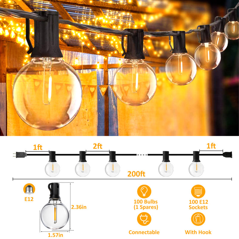 Guirlande 200 lumières DEL imperméables avec 100 ampoules incassables G40, 200FT (100 Bulbs)