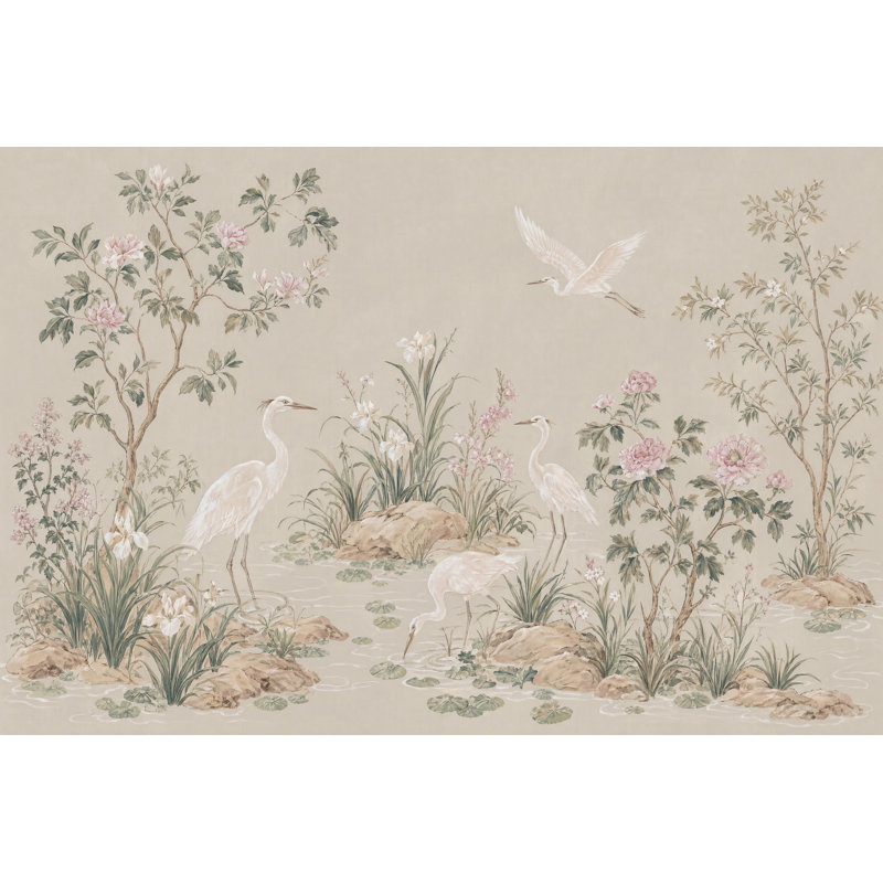 Papier peint chinois avec hérons, 160 po x 108 po, Texturé non collé
