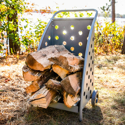 Wheeled Powder-Coated Steel Firewood Log Cart, Gray
